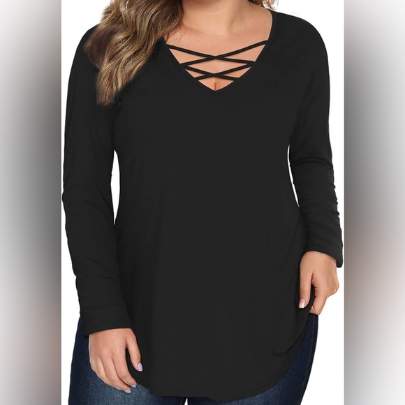 Amoretu Womens' Black Plus Size (2XL) Top with Long Sleeve Criss Cross Neck EUC - Picture 1 of 6
